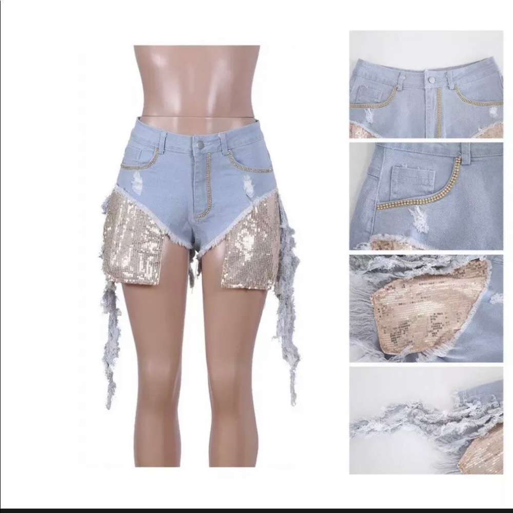 Cute sequin Jean shorts run big really stretchy